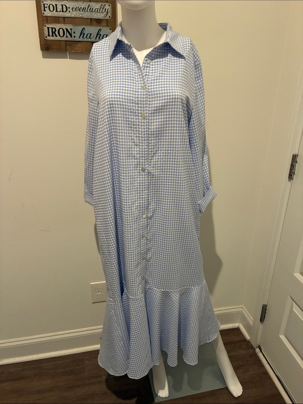 Pomander Place Light Blue Gingham Button-Down Maxi Dress with Ruffle Hem